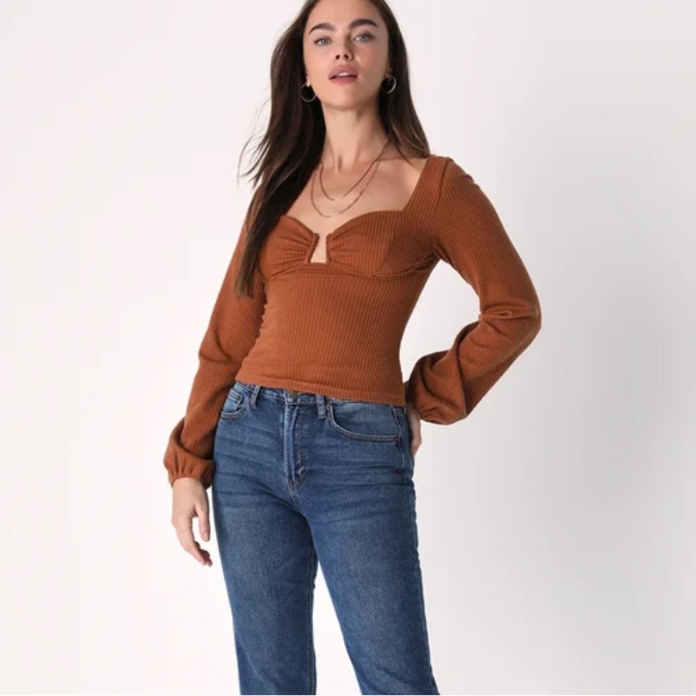 Lulus - Thriving Trend Brown Ribbed Balloon Sleeve
Bustier Top